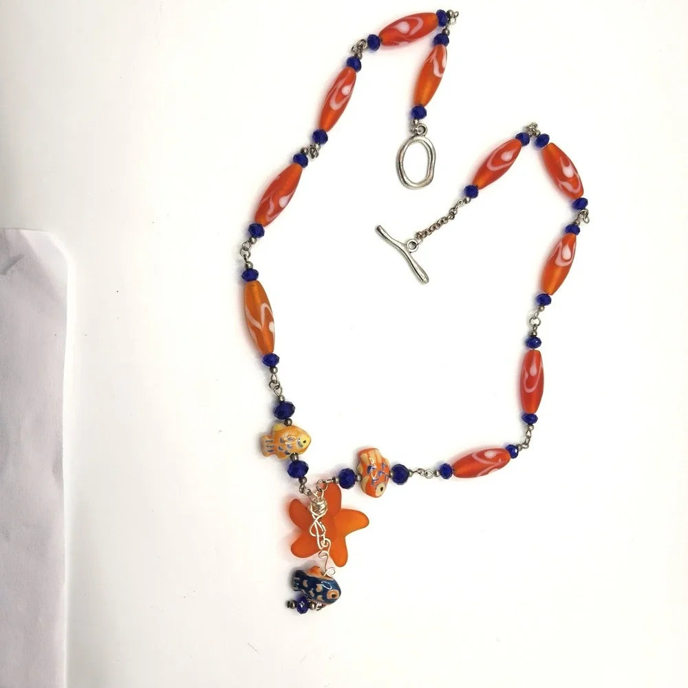 Boho Murano Glass Starfish Porcelain Fish Station Necklace Artisan Beachy Summer